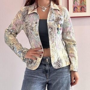Analogy Paisley Floral Tapestry Jacket Womens Small Yellow Pastel Multicolor New